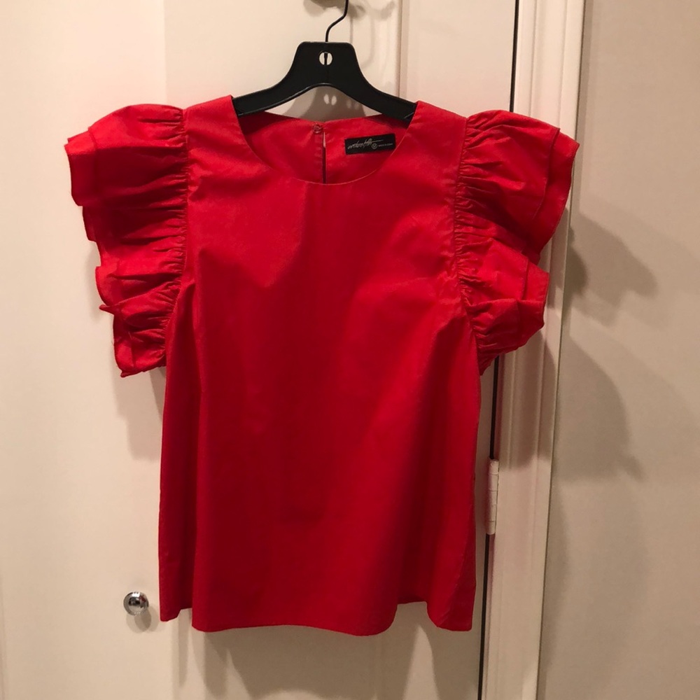 Bright Red Ruffle Sleeve Blouse - Women